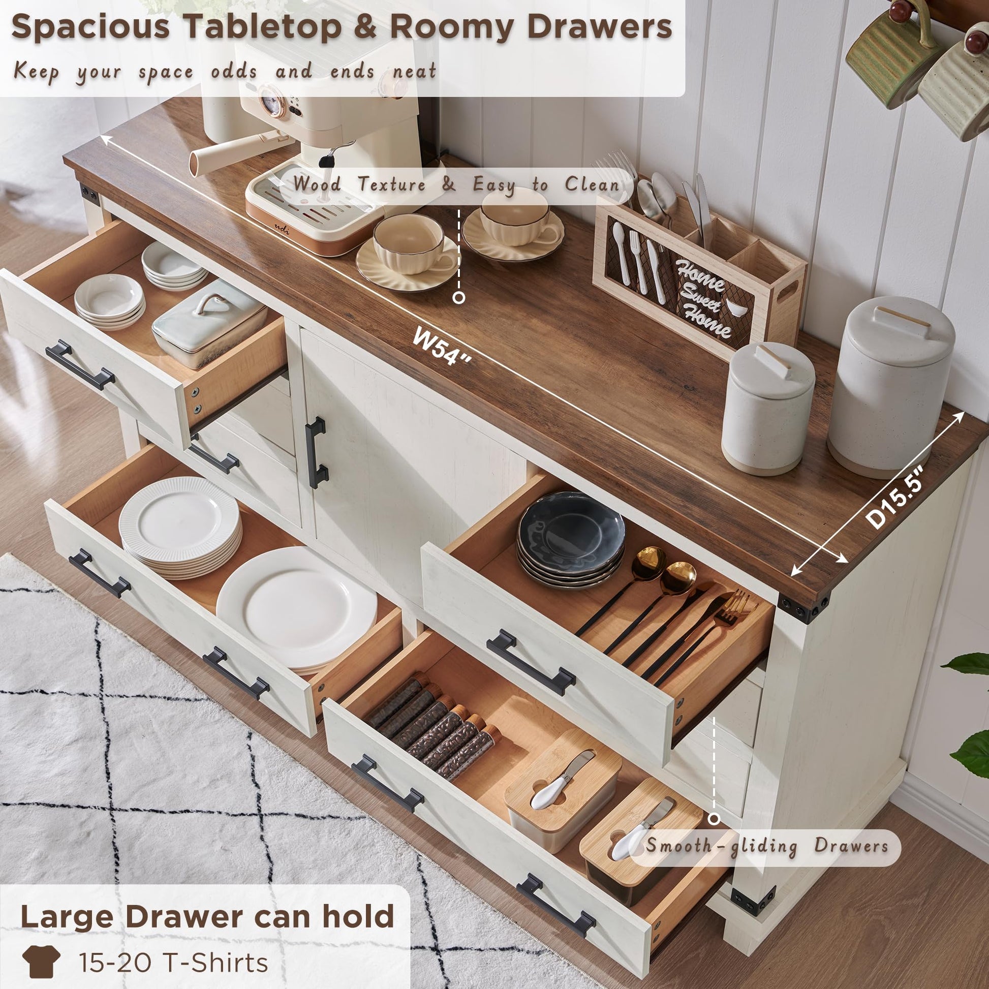 Farmhouse 8 Drawer Dresser for Bedroom - 54 Inch Wide Dresser TV Stand with Storage & Adjustable Shelves, Wood Dressers & Chests of Drawers for Closet, Antique White - WoodArtSupply