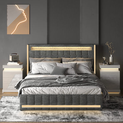 Dnxao Dark Gray Upholstered Queen Bed Frame with Storage Drawers, RGB LED Lights, and Adjustable Headboard - WoodArtSupply