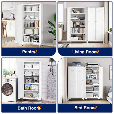 Yizosh Metal Storage Cabinet with 2 Doors and 4 Adjustable Shelves - 61" White Locking Pantry Storage Cabinet, 5-Tier Tall Steel Cabinet Locker for Home Office, Living Room, Dinning Room Yizosh