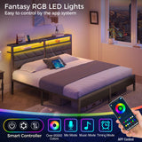 Seventable Bed Frame King Size with Charging Station, LED Bed with Upholstered Storage Headboard, Metal Platform Bed with Under Bed Storage, No Box Spring Needed, Noise Free, Easy Assembly, Grey Seventable