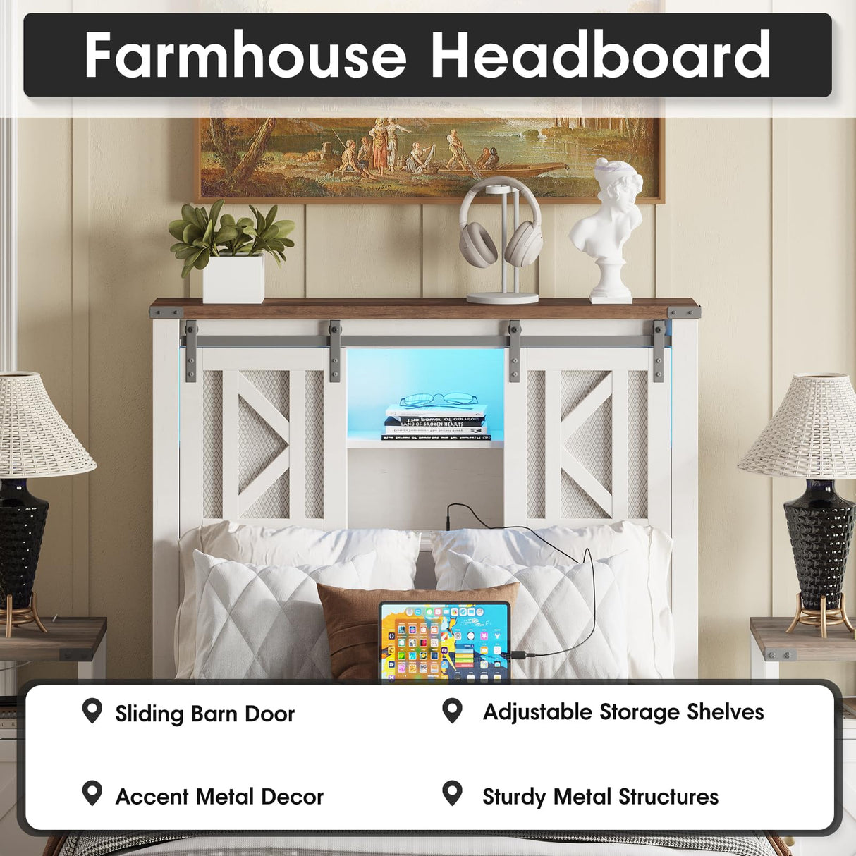 Fameill Farmhouse Twin Size Bed Frame with Storage Headboard, Sliding Barn Door Design, 2-Tier Shelves Bookcase Storage, Charging Ports & USB Outlets, LED Light, No Box Spring Needed, Easy Assembly Fameill