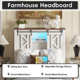 Fameill Farmhouse Twin Size Bed Frame with Storage Headboard, Sliding Barn Door Design, 2-Tier Shelves Bookcase Storage, Charging Ports & USB Outlets, LED Light, No Box Spring Needed, Easy Assembly Fameill