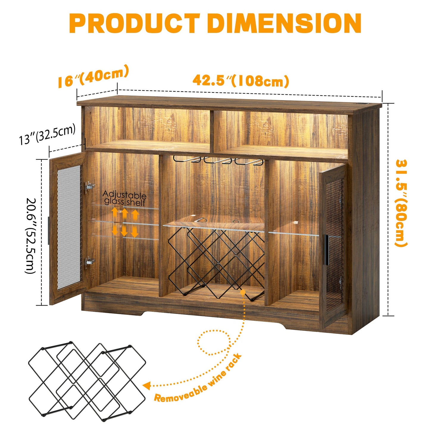 LVSOMT Bar Cabinet with Wine Rack and Glass Holder, LED Sensor Lights Farmhouse Coffee Bar Cabinet for Liquor and Glasses, Sideboard Buffet Cabinet with 2 Shelves 4 Adjustable storage Mesh Do - WoodArtSupply