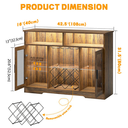 LVSOMT Bar Cabinet with Wine Rack and Glass Holder, LED Sensor Lights Farmhouse Coffee Bar Cabinet for Liquor and Glasses, Sideboard Buffet Cabinet with 2 Shelves 4 Adjustable storage Mesh Do - WoodArtSupply