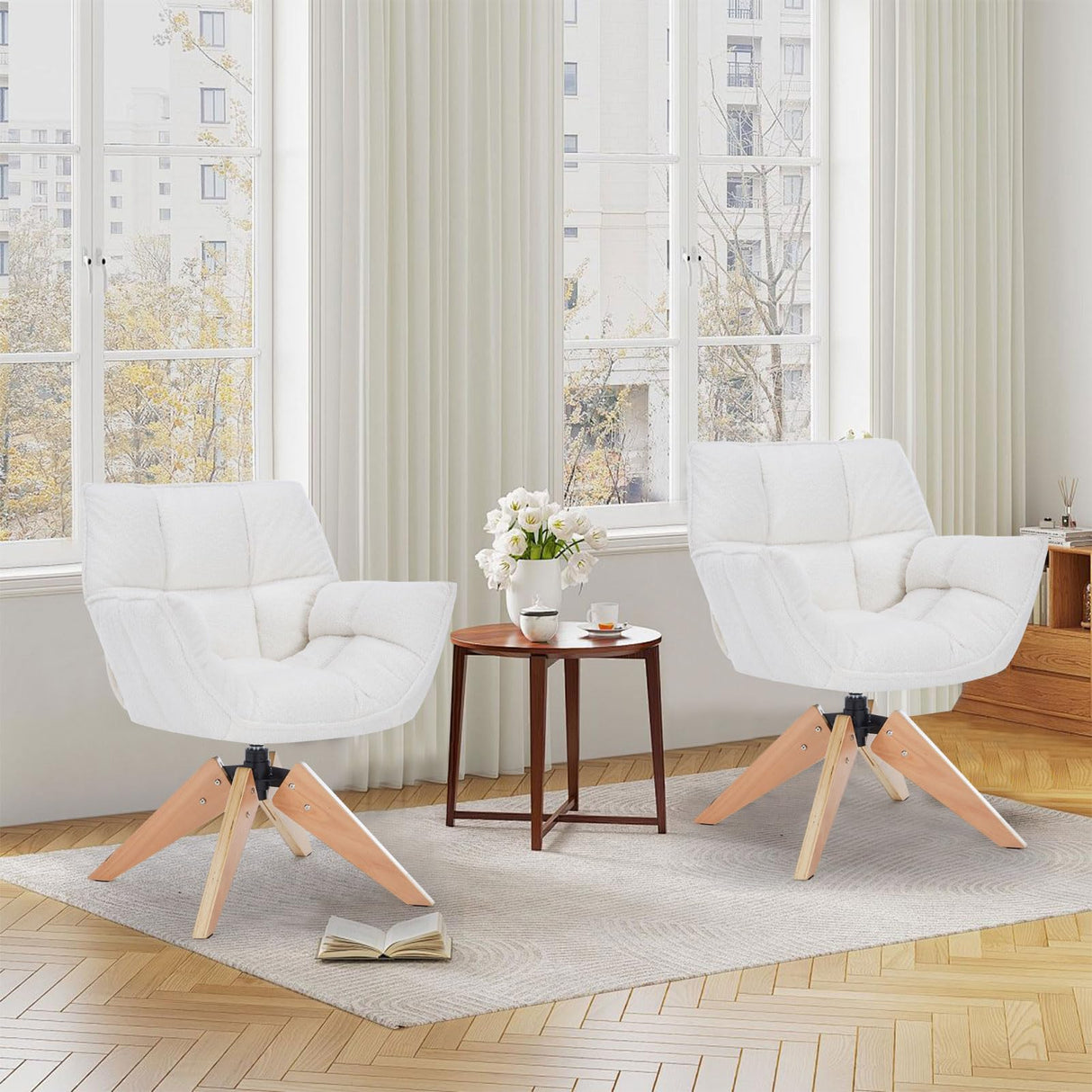 SOERGO Mid Century Accent Chair, Lambs Wool Vanity Chair Modern Cozy Desk Chair no Wheels with Amrest, Wood Legs for Living Room, Reading Room, Bedroom, White SOERGO