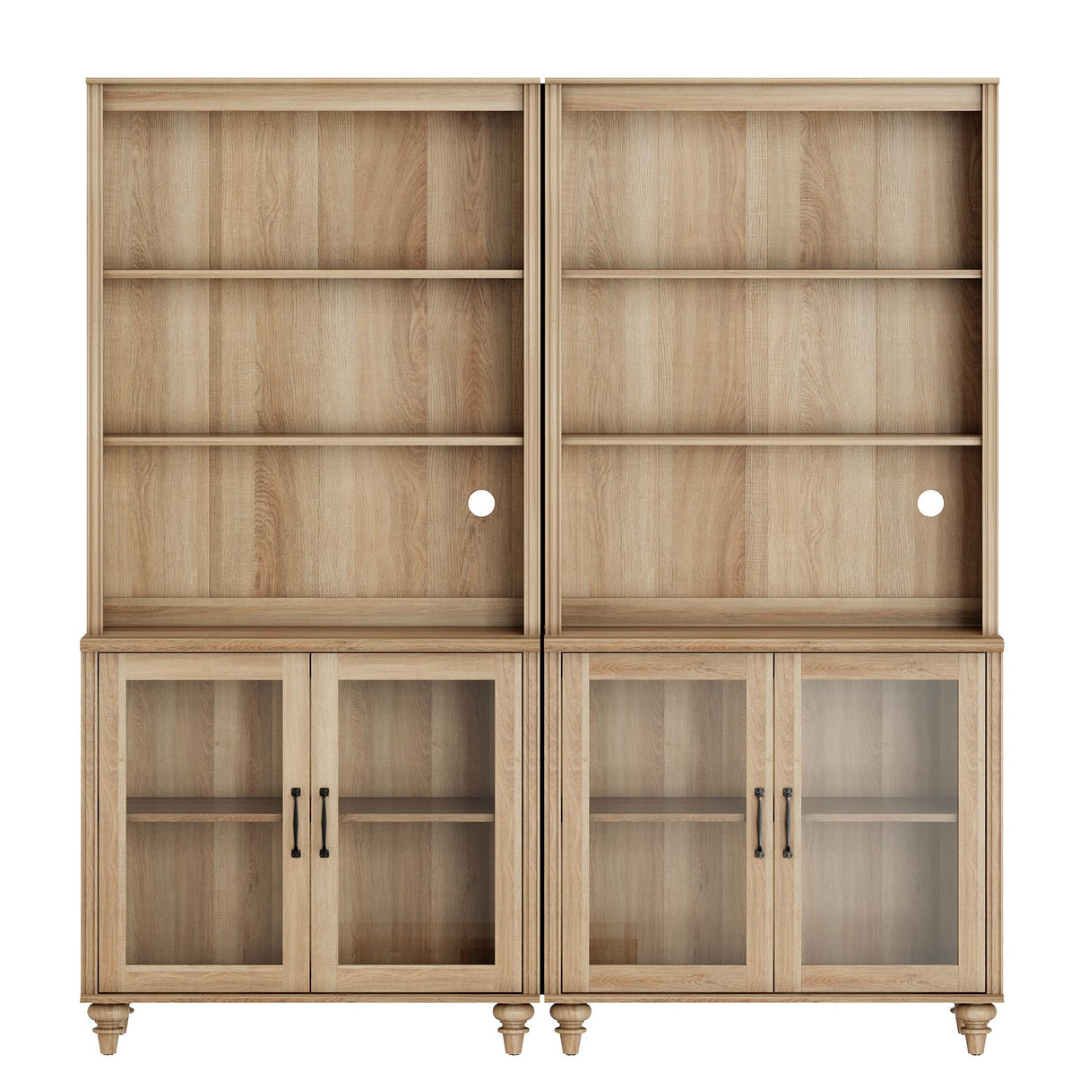 WAMPAT 5 Tier Bookshelf 72" Tall Bookcase with Glass Doors,Large Farmhouse Display Book Shelf with Adjustable Shelves and Storage Cabinet，Library Wood Bookshelves for Living Room,Kitchen, Oak(2PCS) WAMPAT