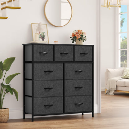 YITAHOME Dresser with 9 Drawers - Fabric Storage Tower, Tall Chest Organizer Unit for Living Room, Entryway with Sturdy Steel Frame, Wooden Top, Black Grey