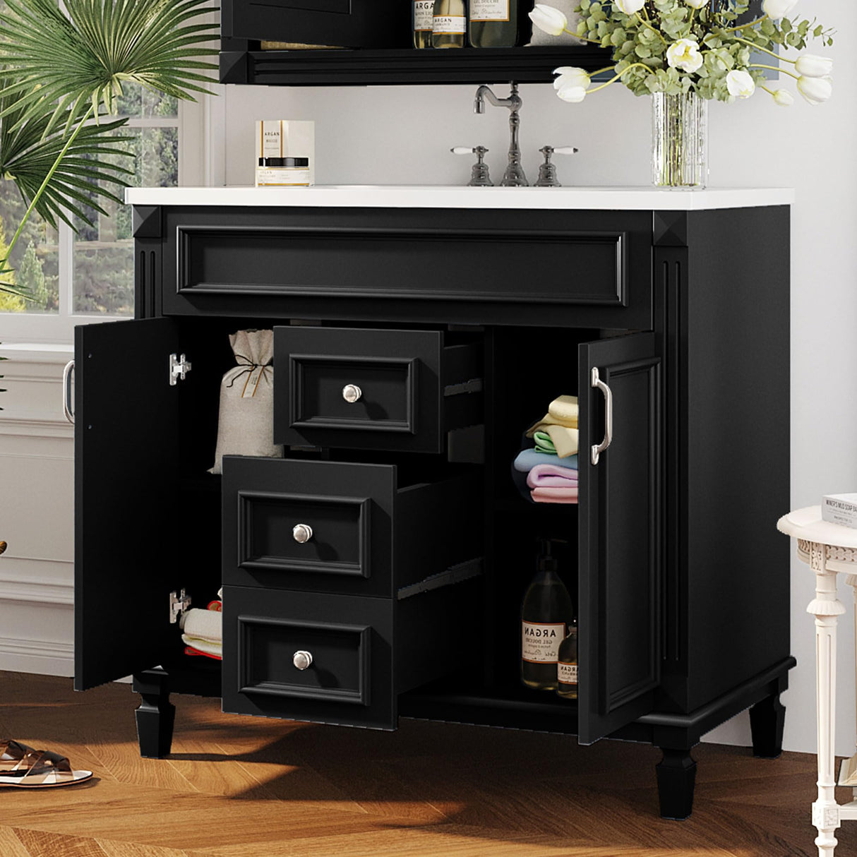 Marzzi 36" Bathroom Vanity with Sink & Matching Medicine Cabinet, 36 inch Bathroom Vanity Storage Cabinet with Sink Top, 2 Drawers, and Mirror Cabinet Marzzi