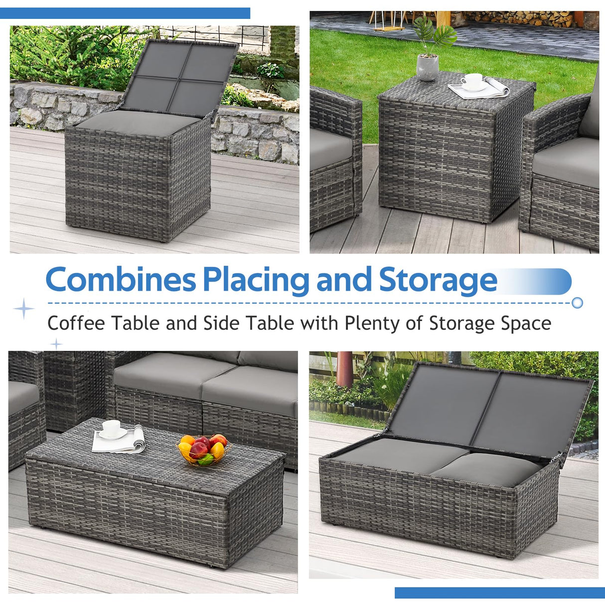 U-MAX 7 Pieces Outdoor Patio Furniture Sets w/Two Storage Boxes, Outdoor Conversation Set All-Weather PE Wicker Sectional Sofa Patio Sofa for Garden, Backyard, Deck, Grey Rattan& Grey Cushions U-MAX
