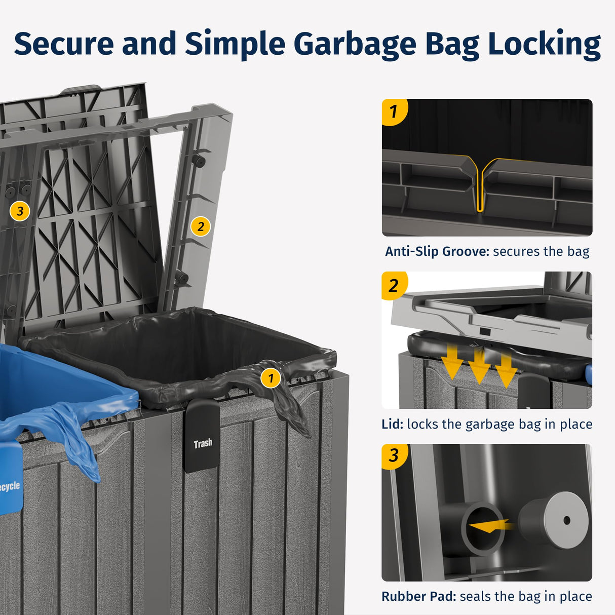 EAST OAK 62 Gallon Outdoor Trash Can | Waterproof Resin Garbage Can with Recycle and Garbage Labels | Secure Bag Lip Lock and Drip Tray | Outside Trash Bin for Patio | Kitchen, Backyard or Deck | Gray EAST OAK