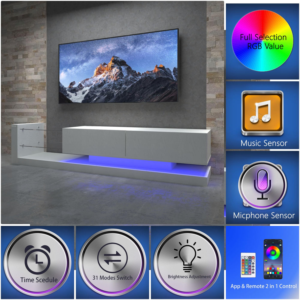 YESER Modern LED TV Stand for 55/65/75 Inch TV, Entertainment Center Console Table with 31 Modes Changing Lights, Media Console with Glass Shelves and Doors for Living Room Bedroom, White YESER