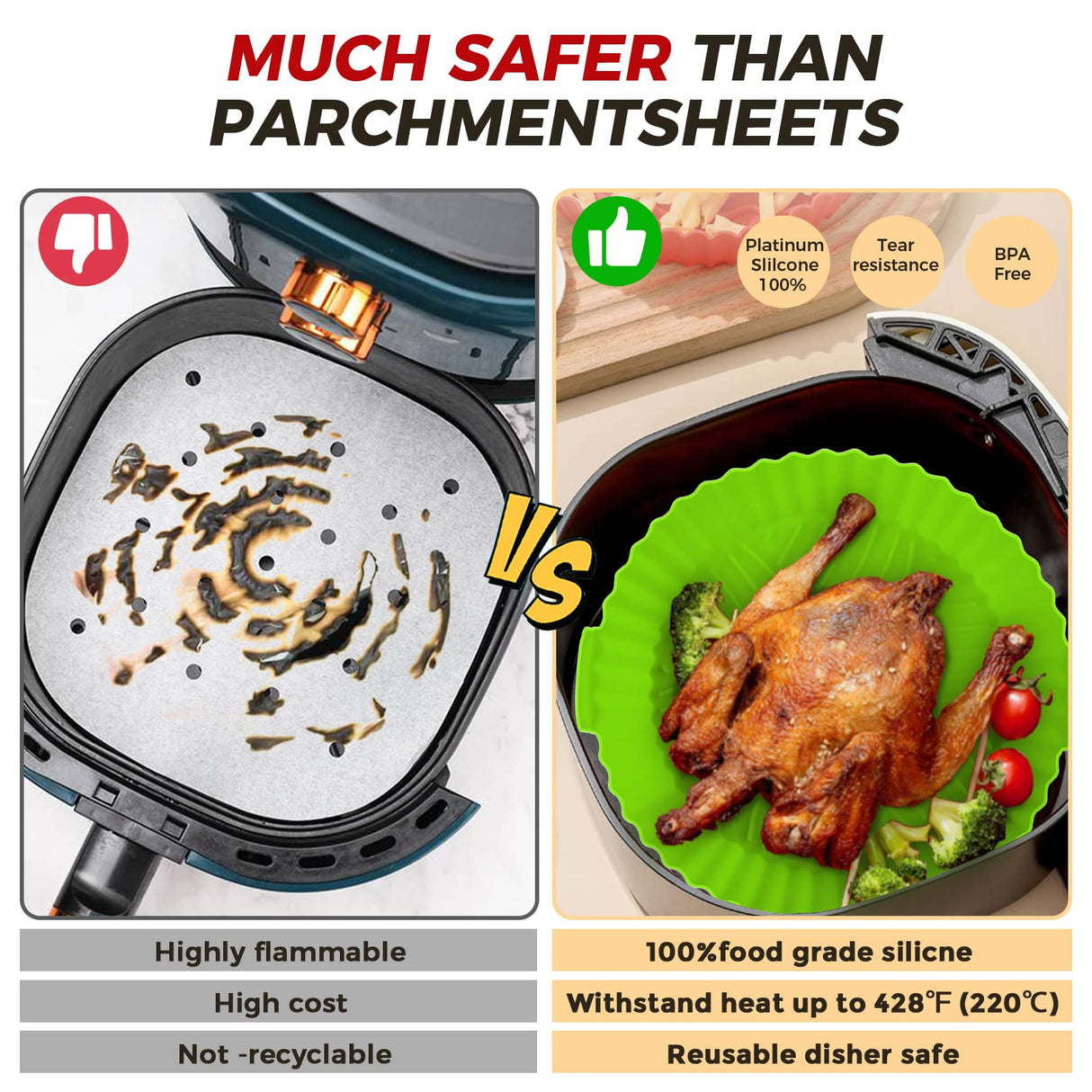 Buauty 3 Pack Air Fryer Silicone Liners 8inch Air Fryer Silicone Pot Reusable Food Grade Silicone Airfryer Liners Baking Basket Accessories Replacement of Flammable Disposable Parchment Paper Buauty