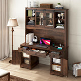 Hlivelood 76" Height Farmhouse Desk with Sliding Door Hutch, Wood Office Executive Workstation Computer Desk with Charging Station, Drawers and Storage Cabinet, for Work, Sturdy, Game, Brown Hlivelood