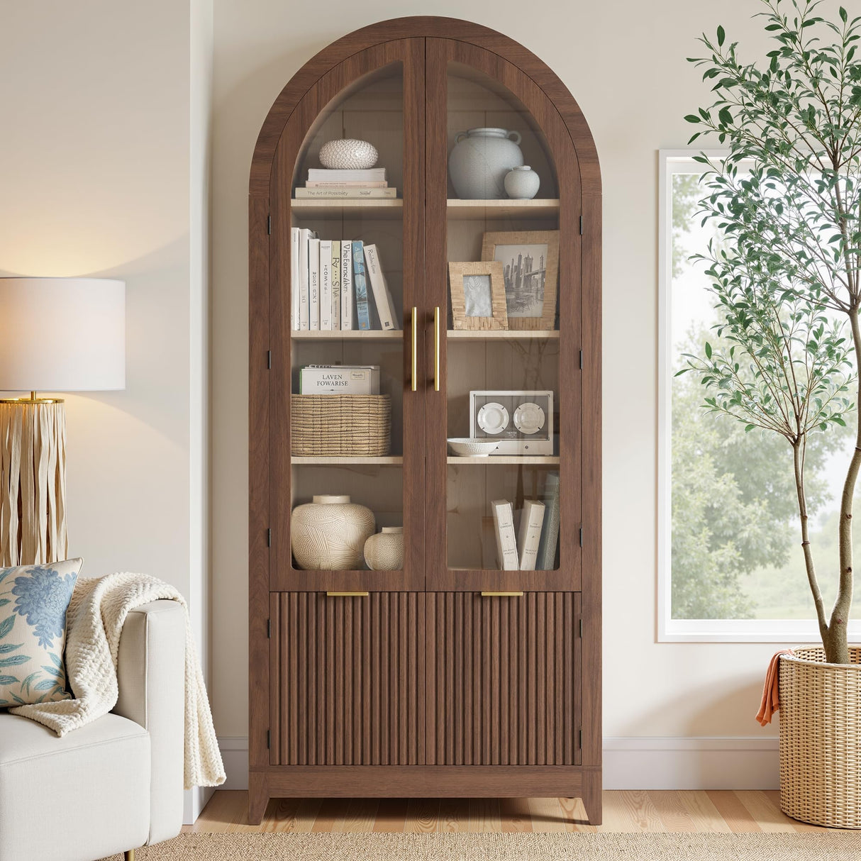 win2win Tall Arched Cabinet with Glass Doors, 68.9" Pantry Storage Cabinets with Fluted Doors & Adjustable Shelves, Mid Century Modern Wood Display Bookcase for Kitchen, Living Room, Bathroom, Walnut win2win