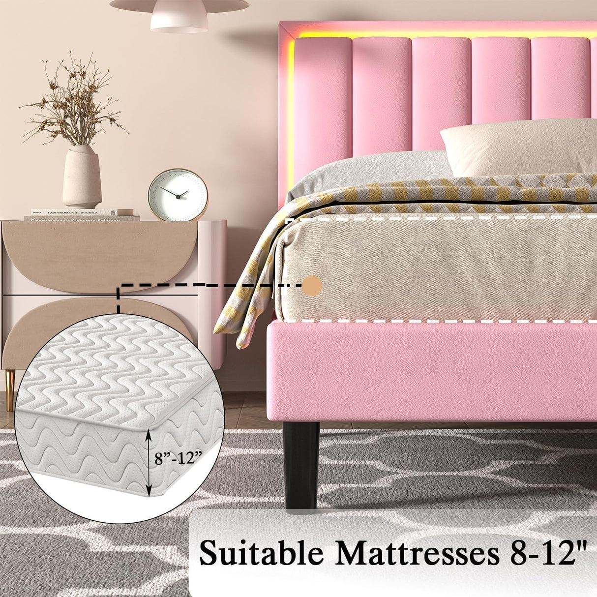 IMMERSTABLE Pink Full Size Bed Frame with LED Lights, Upholstered Bed Frame Full with Headboard, Heavy Duty Wood Slats Support, Noise-Free, No Box Spring Needed, Easy Assembly IMMERSTABLE