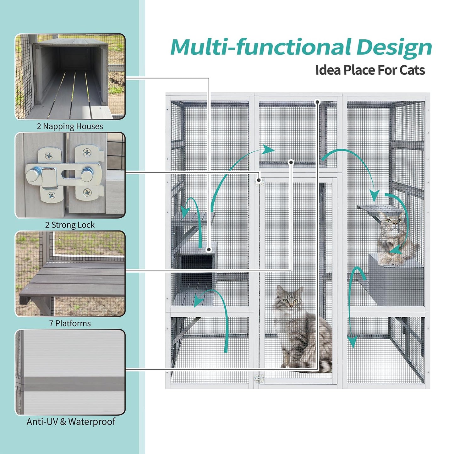 Ball & Cast Outdoor Cat House Big Catio Wooden Cat Shelter Enclosure with Large Spacious Interior,High Ledges,Weather Protection Asphalt Roof,for Walk-in Kitty Kennel,White