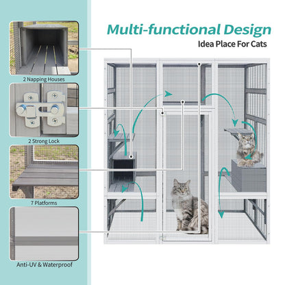 Ball & Cast Outdoor Cat House Big Catio Wooden Cat Shelter Enclosure with Large Spacious Interior,High Ledges,Weather Protection Asphalt Roof,for Walk-in Kitty Kennel,White