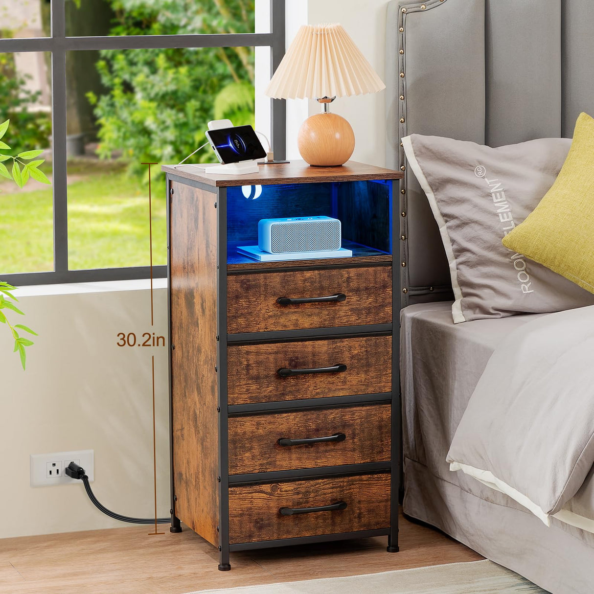 LOAKEKEL Night Stand Set 2, Tall Nightstand with Charging Station, Dresser for Bedroom with 4 Drawers, LED End Tables with USB Ports and Outlets, Rustic Brown, HNS034PBR LOAKEKEL