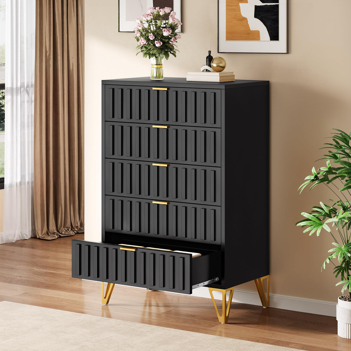 YITAHOME Fluted Dressers, 5 Drawer Dressers & Chests of Drawers, Metal Modern Dresser for Room, Entryway, Hallway, Black YITAHOME