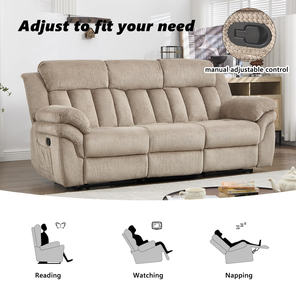 CANMOV Recliner Sofa Set, Manual Reclining Sofa with Overstuffed Armrest for Living Room,Bedroom Furniture,Office,3 Seat Light Brown CANMOV