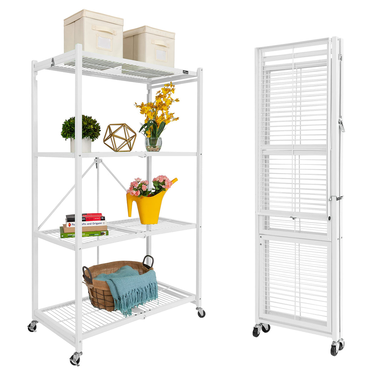 Origami 4 Tier Foldable Heavy Duty Metal Garage Storage Shelf Rack with Wheels and Powder Coated Steel for Organization in Home and Office, White Origami