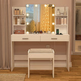 FIONESO Vanity Desk, Makeup Vanity Desk with Mirror & Lights, Vanity Desk with 2 Drawers & 6 Storage Shelves, Dressing Table with Power Outlet, for Women Girls, Bedroom, White FIONESO