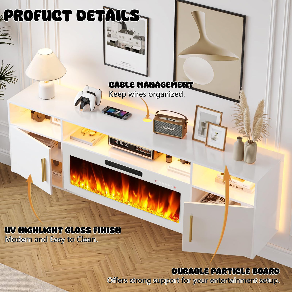 LEMBERI Floating Fireplace TV Stand 70'' Wall Mounted Shelf, LED Light Entertainment Center and Storage, Modern Wood Media TV Console with Highlight (White with White Fireplace) LEMBERI