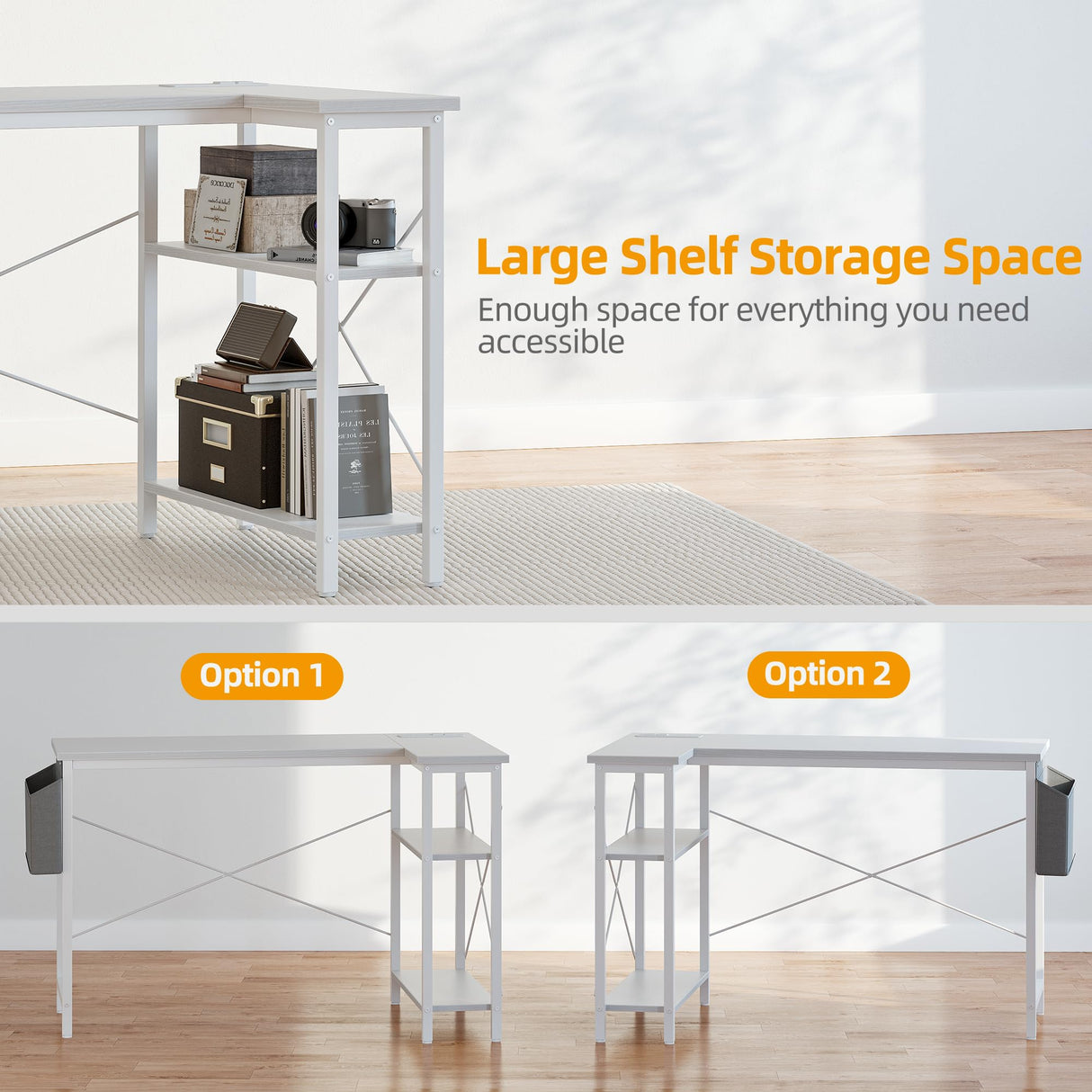 TIQLAB L Shaped Computer Desk with Power Outlets, 55 Inch Small Corner Desk with Reversible Shelves, Gaming Desk Computer Table Study Writing Desk for Home Office Small Space, White TIQLAB