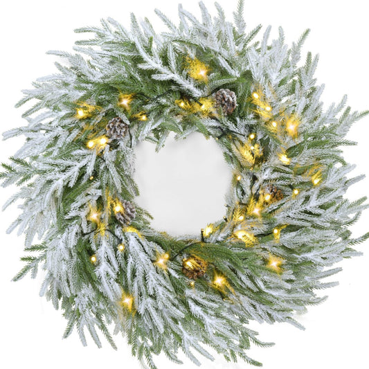 YoleShy 22" Christmas Wreaths for Front Door Real Touch Norfolk Pine Wreath with Snow & Pinecone Outdoor Christmas Wreath Battery Operated with Timer for Window, Fireplace, Wall, Door Decor