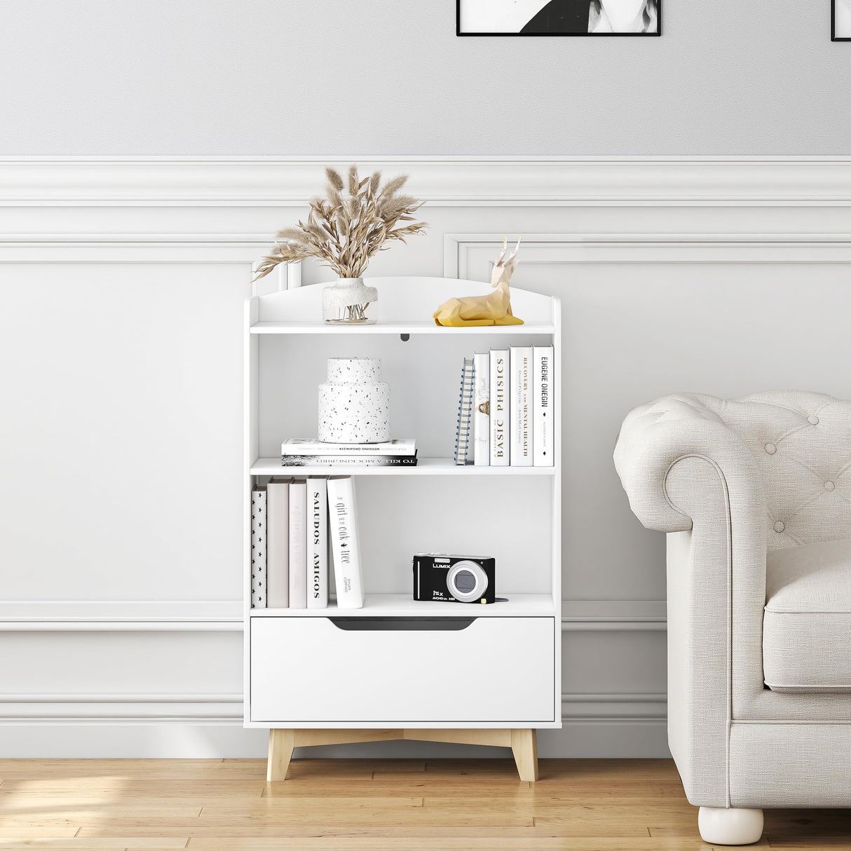 UTEX Kids Bookshelf, Children Bookcases with Storage and Drawer, Wood Kids Toy Storage Organizer for Playroom, Nursery School, White UTEX