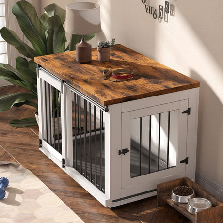 Zakkart Dog Crate Furniture for Large Dogs Up to 60 lbs. - Barn Door Puppy Kennel w/Thickened Farmhouse Top & Metal Bars - 37'' Wide - White Decorative Modern Dog Crate Table, End Table, Nightstand Zakkart