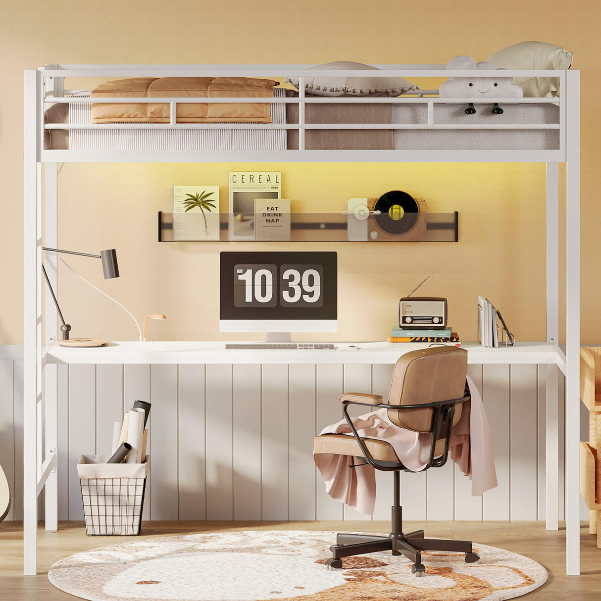 LIKIMIO Loft Bed Twin Size with Desk, Metal Loft Bed Frame with Power Outlet and LED Lighted, Space-Saving, Noise Free, White LIKIMIO