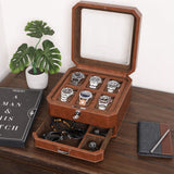 Gift Set 6 Slot Leather Watch Box with Valet Drawer - Luxury Watch Case Display Organizer, Microsuede Liner, Locking Jewelry Box, Mens Storage Boxes Holder Large Glass Top (Tan/Brown Gift Set) ROTHWELL