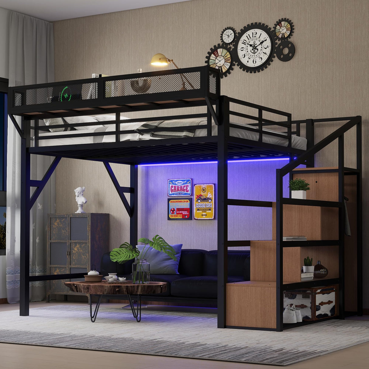 Queen Loft Bed with Stairs and Wardrobe, Queen Size Loft Bed with Charging Station, Lights and Bedside Shelf, Heavy Duty Loft Bed Frame for Adults, Teens, Kids, Noise Free, Natural Wood Bellemave