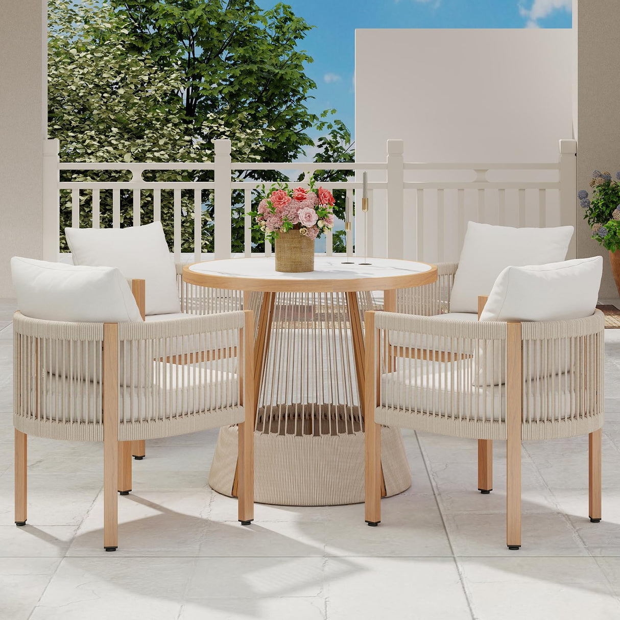 DAYAOUTDOOR Patio Dining Table and Chairs, Outdoor Furniture Set, Round Dining Sets for 4, Outdoor Dining Table Set, 5 Piece Patio Round Chairs Set, Small Outdoor Patio Sets for Kitchen, Beige DAYAOUTDOOR