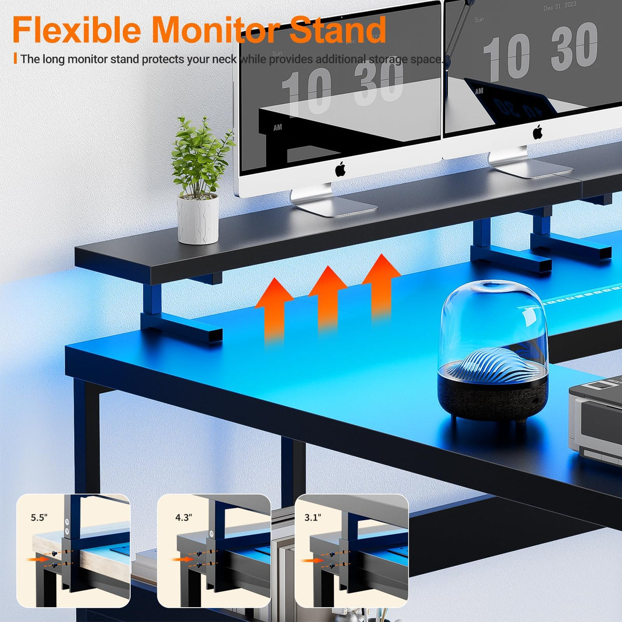 iSunirm U Shaped Computer Desk, Customizable L Shaped Office Desk with Adjustable Monitor Stand & Power Outlets & LED Strip Lights, Large Reversible Gaming Desk with Storage Shelves, Black iSunirm