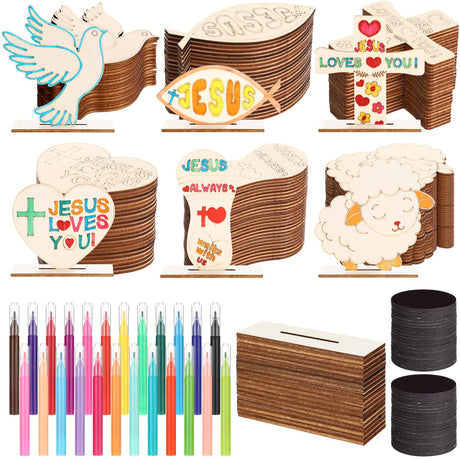 Hiboom 48 Pack DIY Jesus Wood Religious Craft Kit with Base Vacation Bible School Crafts with Magnets Watercolor Pens Coloring Wooden Religious Crafts for Sunday School Art Party Decoration Gift Hiboom