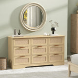 LTMEUTY 9 Drawer Dresser for Bedroom, Rattan Chest of Drawers, Modern Wood Dresser Chest with Golden Handles, 55” Wide Large Storage Long Dressers Organizer for Closet, Entryway, Living Room LTMEUTY