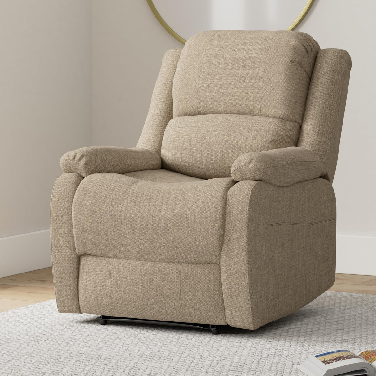 RecPro Charles Collection | 30" Zero Wall Wall Hugger Recliner | RV Living Room (Slideout) Chair | Cloth (Oatmeal, 1 Chair) RecPro