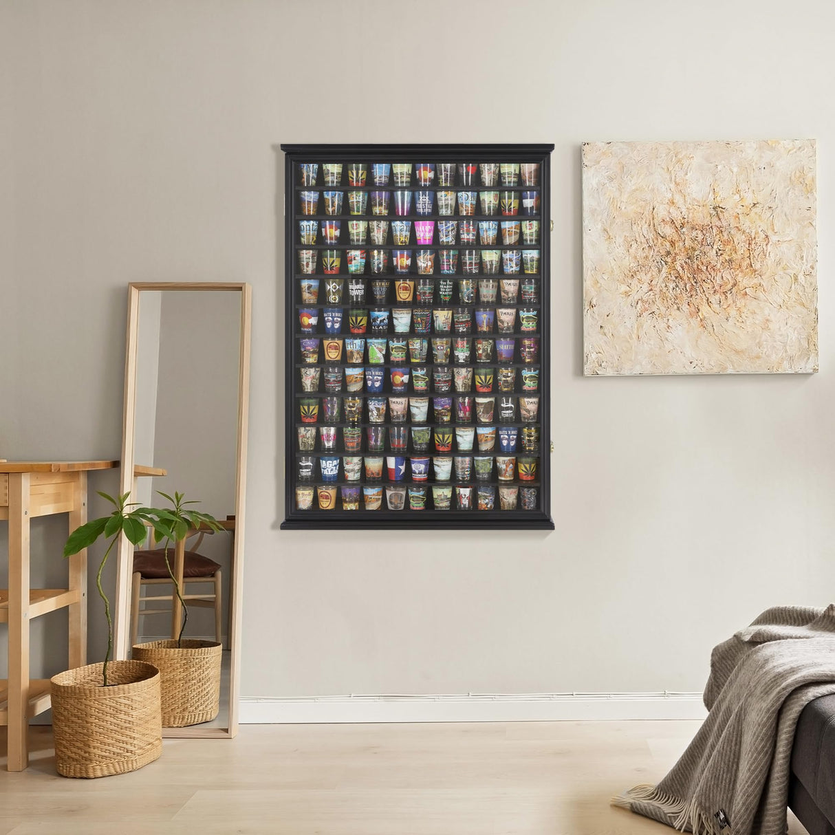 Large 144 Shot Glass Display Case Rack Solid Wood Cabinet Holder Wall Curio Cabinet Shadow Box for Action Figures Small Figurines - Lockable with UV WoodArtSupply