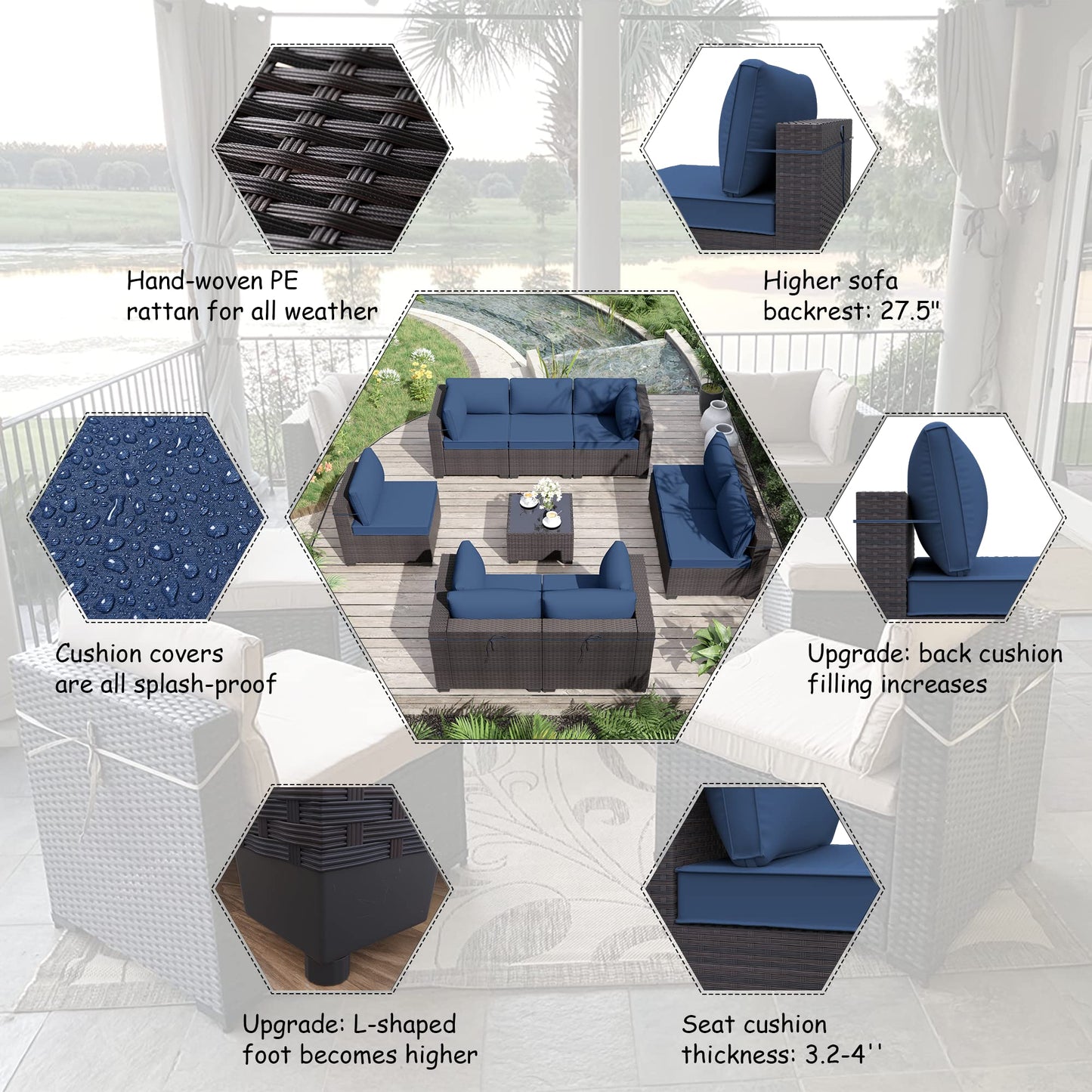 ALAULM 9 Pieces Outdoor Patio Furniture Set Sectional Sofa Sets Brown PE Rattan Patio Conversation Set w/8 Dark Blue Seat Cushions and 1 Coffee Table - WoodArtSupply