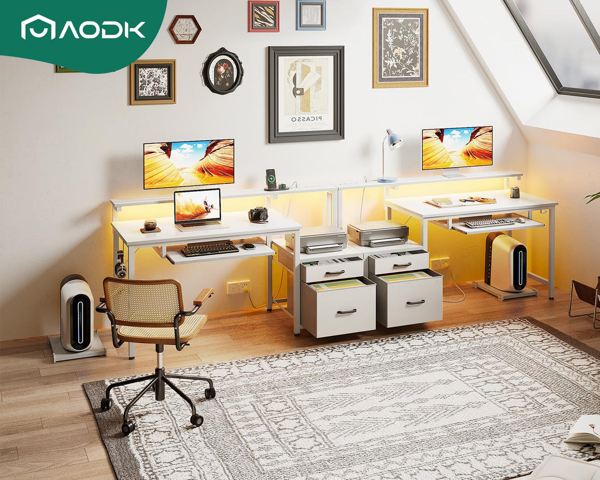 AODK 48" Computer Desk with Fabric File Cabinet and Drawer, Reversible Office Desk with Power Outlet and LED Light, Study Desk with Printer Stand, Keyboard Tray, Full Monitor Riser and PC Stand, White AODK