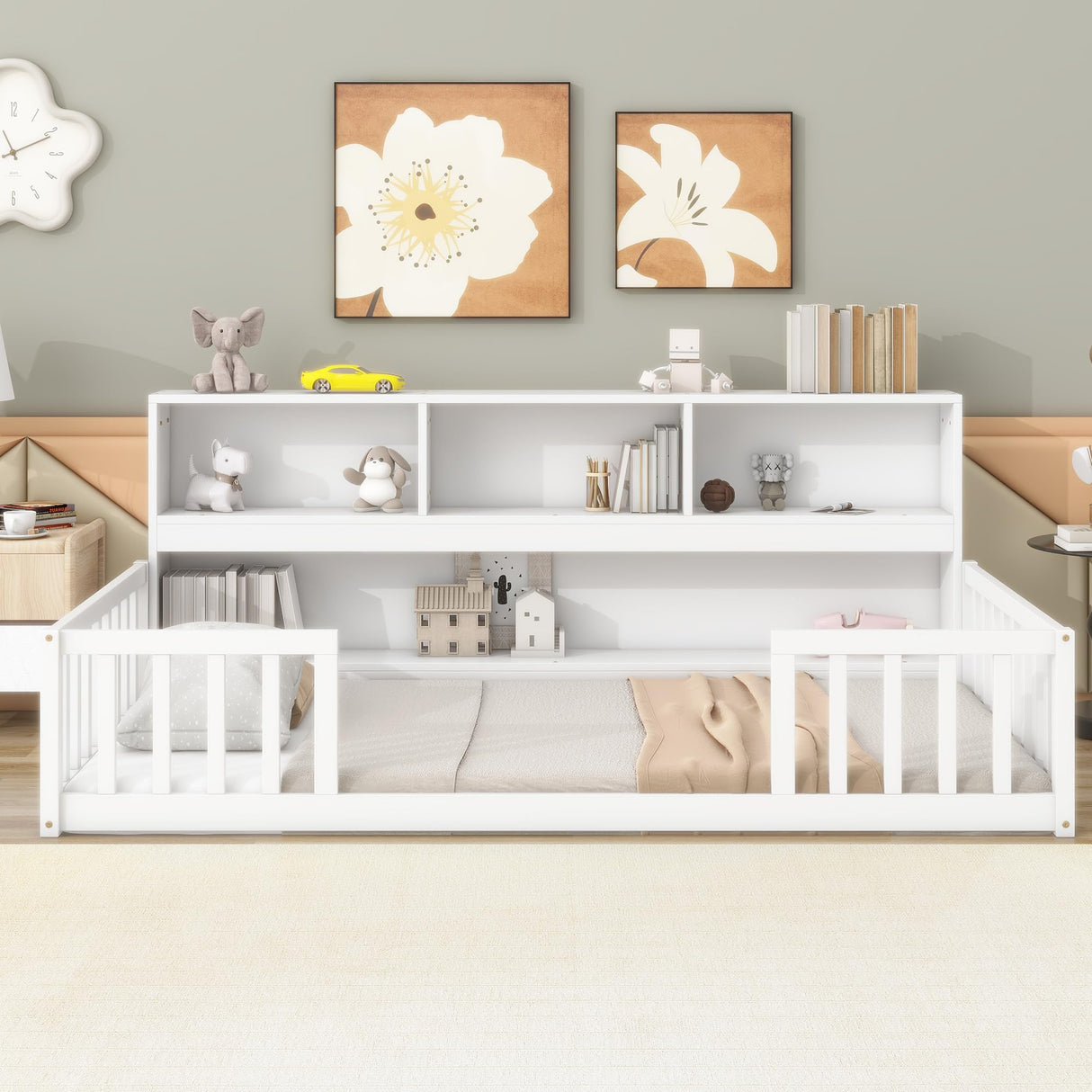 Harper & Bright Designs Twin Floor Bed with Bedside Bookcase, Shelves, Guardrails, Wood Montessori Bed with Storage, White Harper & Bright Designs