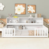 Harper & Bright Designs Twin Floor Bed with Bedside Bookcase, Shelves, Guardrails, Wood Montessori Bed with Storage, White Harper & Bright Designs