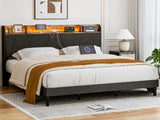 AOVSA Upholstered California King Bed Frame with Storage Headboard, Charging Station & LED Lights in Black AOVSA