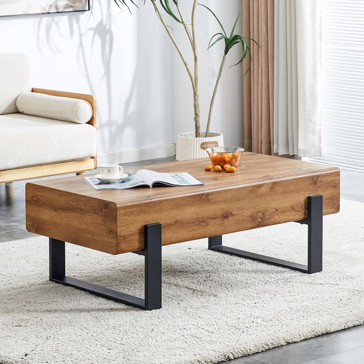 BFJDM 47.24'' Rustic Rectangle Coffee Table MDF Desktop with Metal Legs for Living Room Dining Room Bedroom Office BFJDM