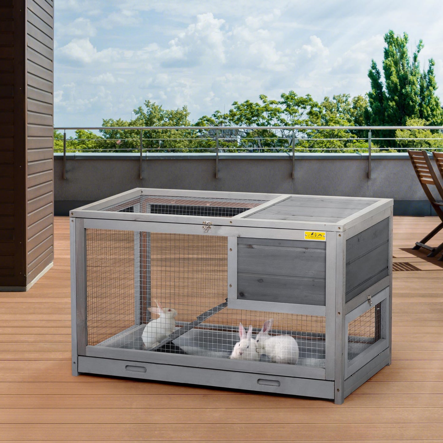 COZIVVOVV 2 Story Wooden Rabbit Hutch Indoor&Outdoor Bunny Cage with Pull Out Tray, Openable Roof, Side Door and Anti-Slip Ramp, Small Animal House(Grey) - WoodArtSupply