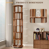 IUNVR 6 Tier Bookshelf Tower, 360° Solid Wood Spinning Bookcase with Swivel Wheels, Floor Standing Book Shelf for Small Space, Bookshelf for Home Office Study Room Bedroom Living Room IUNVR
