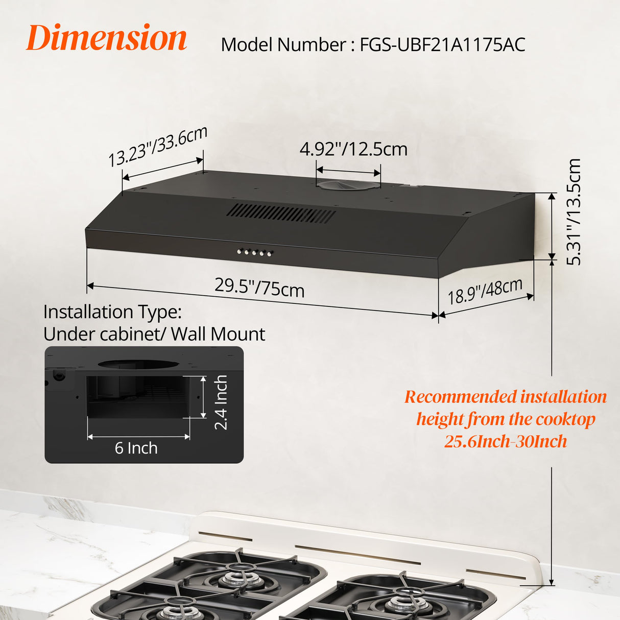 FIREGAS Black Range Hood 30 Inch Under Cabinet, Ducted/Ductless Convertible Kitchen Hood, 300 CFM, 3 Speed Exhaust Fan, Brushless DC Motor, Stove Hood Vents for Kitchen with LED Lights FIREGAS