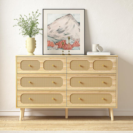 HOUROM Rattan Dresser for Bedroom, Modern 6-Drawer Double Dresser with Gold Handles, Wood Storage Chest of Drawers for Bedroom HOUROM